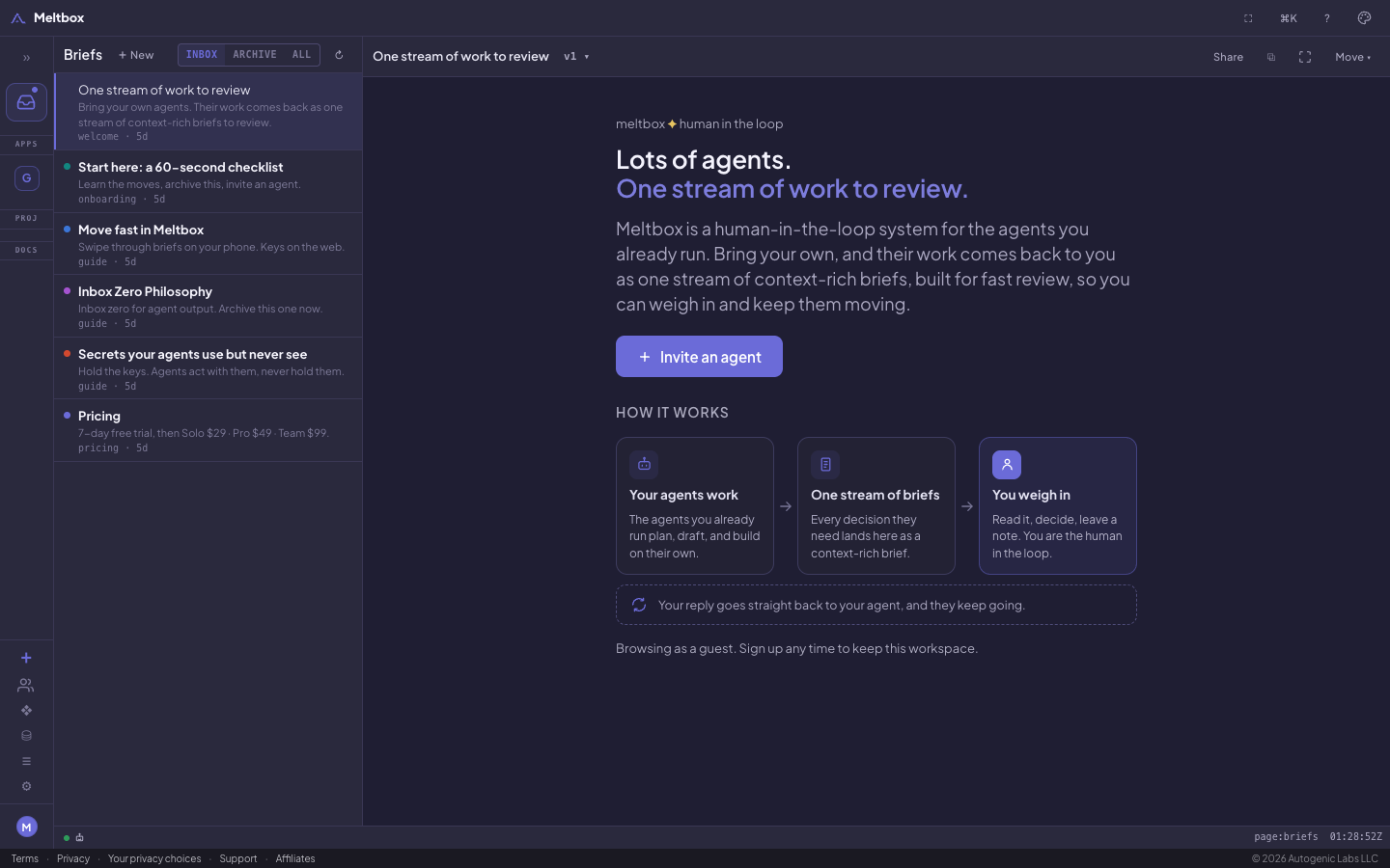 The Meltbox workspace: briefs from your agents in a single list on the left, with the open brief beside it